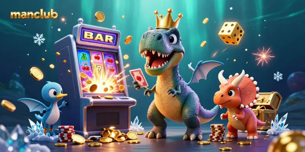 Experience the thrilling manclub slots with a 3D T-Rex as it shuffles cards amidst casino chaos.