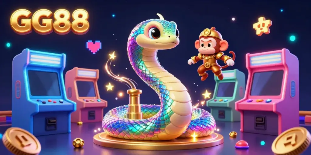 Join the vibrant GG88 gaming experience with a magical scene blending a playful king and a rainbow serpent.