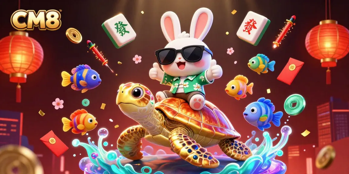 Experience thrilling rewards at CM8, a vibrant casino environment featuring a lucky rabbit, golden turtle, and festive decorations.