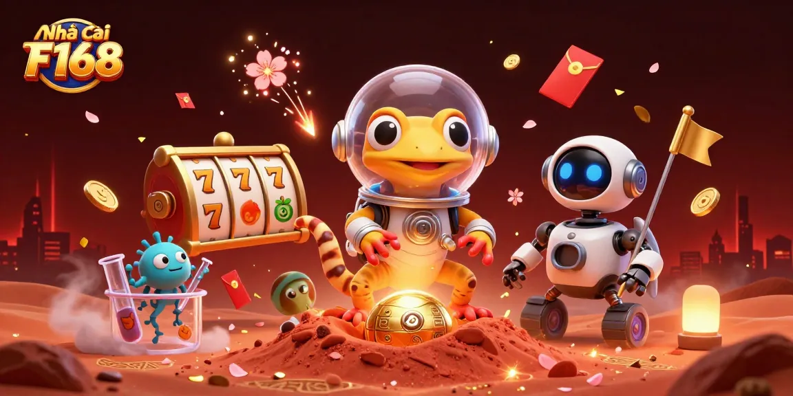 Playfully explore Nhà cái F168's golden casino as a Martian gecko discovers treasures in a vibrant atmosphere