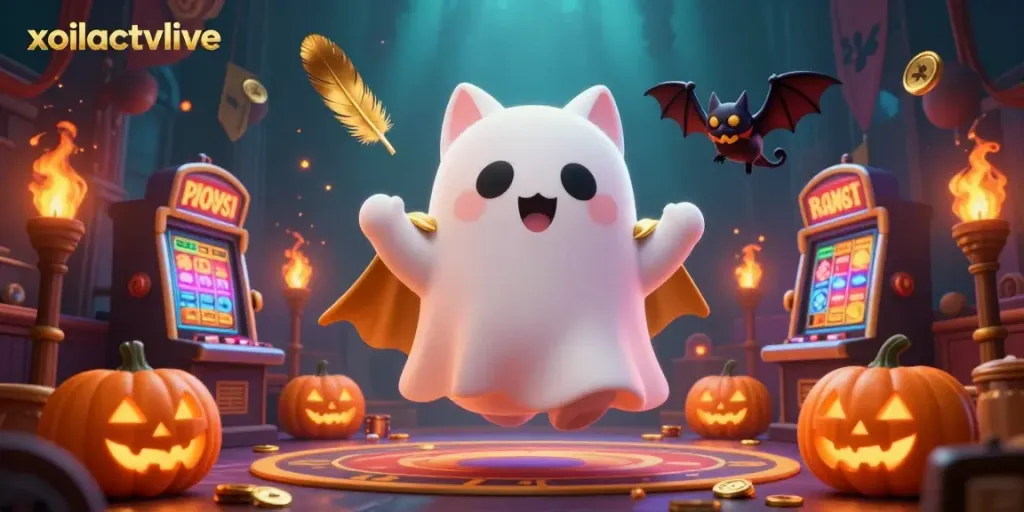 Experience the vibrant energy of xoilactvlive with a friendly ghost cat and a vampire bat in a bustling casino scene.