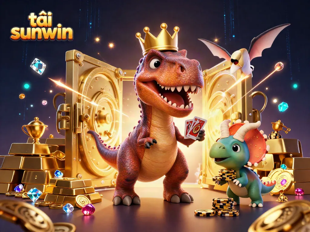 Experience the fun of tải sunwin with a dinosaur-themed casino illustration, featuring T-Rex card shuffling and treasure elements.