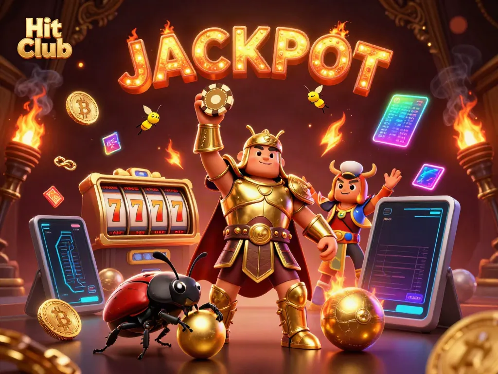 Experience the excitement of Hit Club with a 3D illustration of victorious characters lifting jackpot prizes.