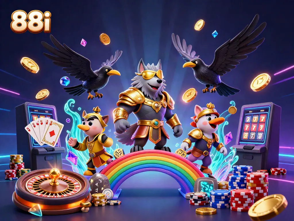 Experience thrilling gaming with 88i's dynamic casino scene featuring Odin and ravens amidst vibrant elements.