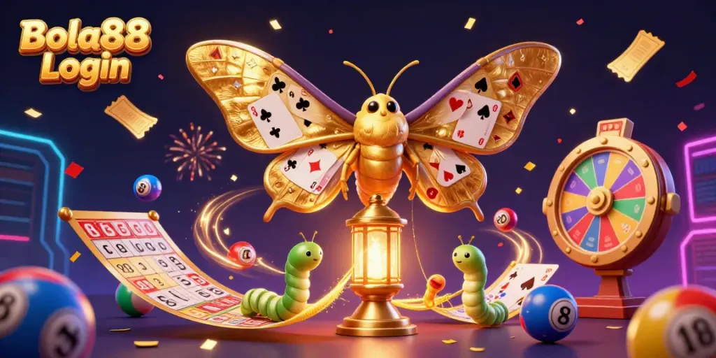 Bola88 Login illustration with a moth and colorful lottery elements showcasing casino excitement and vibrant celebration.