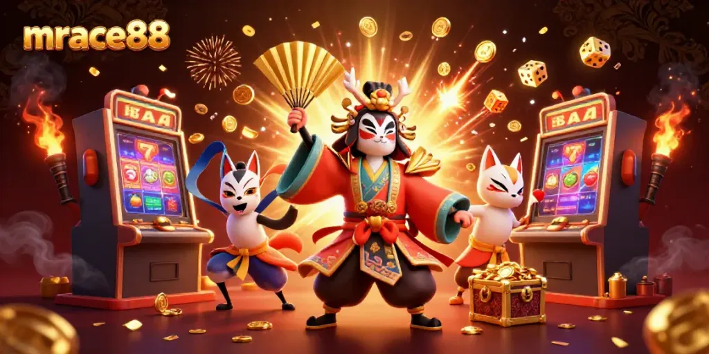 Win with mrace88 in a dazzling 3D casino scene filled with vibrant characters and explosive jackpots.