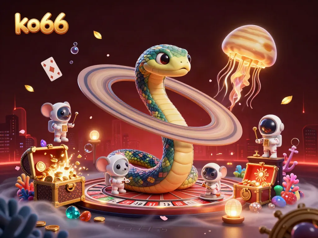 Experience exciting bets in ko66 with a playful illustration of a snake roulette wheel and cosmic dealer.
