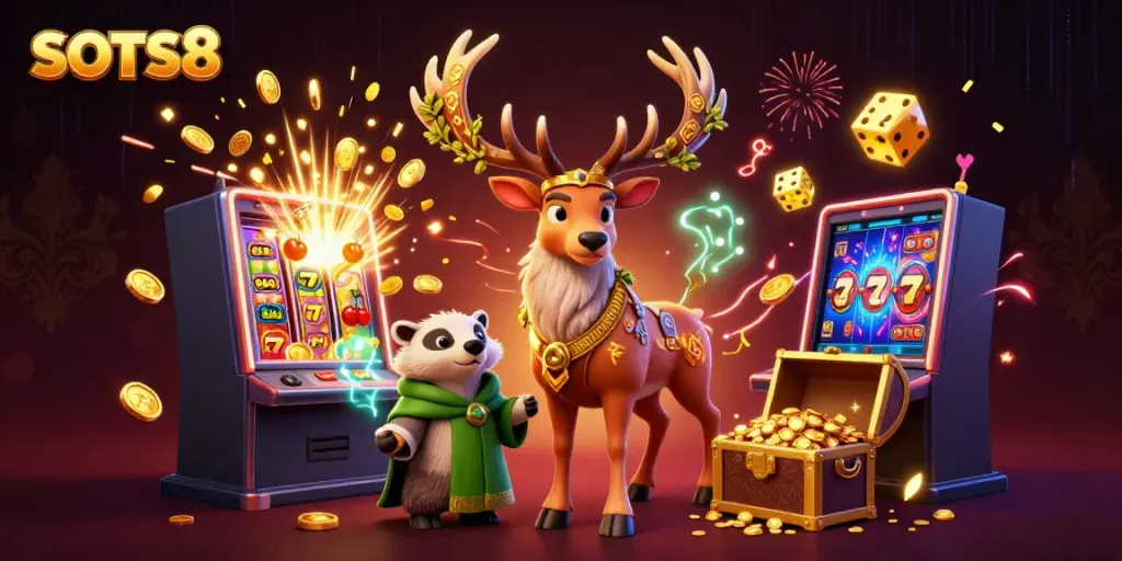 Experience the thrill of SLOTS8 with a vibrant 3D casino scene full of excitement and winnings.