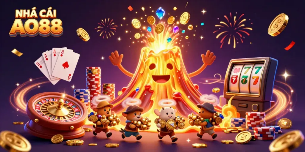 Experience high-stakes excitement at NHÀ CÁI AO88 with a dynamic casino-themed scene full of treasure and fun.