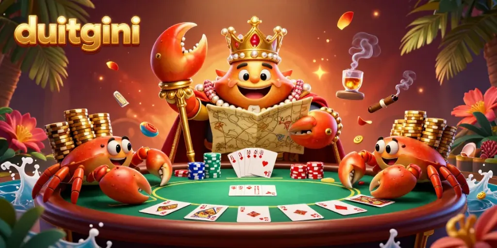 Dive into vibrant action with DuitGini, showcasing a golden crab emperor at a poker table surrounded by exciting game elements.