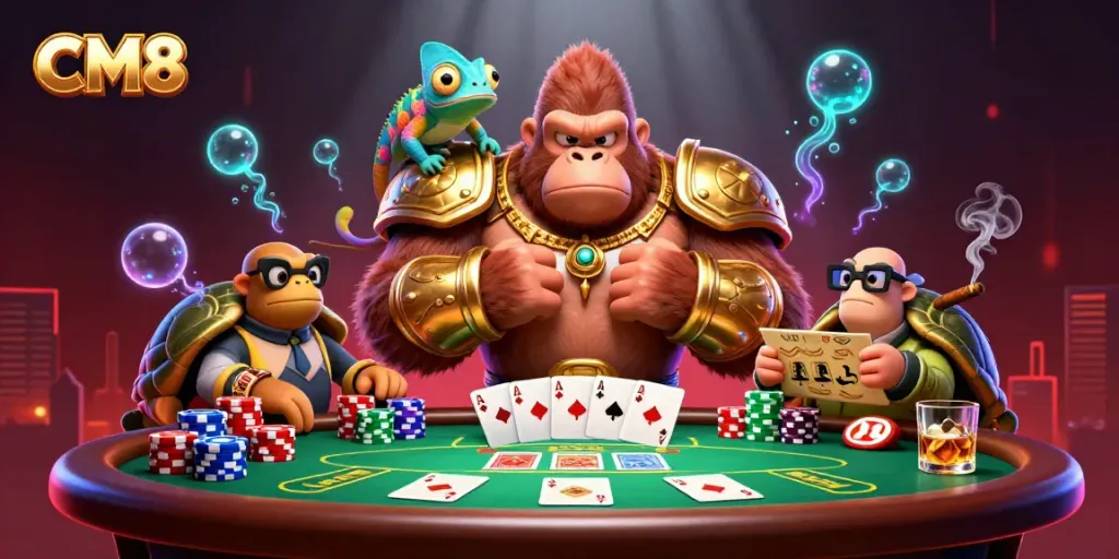 Engage with CM8's thrilling poker scene featuring a gorilla king and vibrant casino elements.