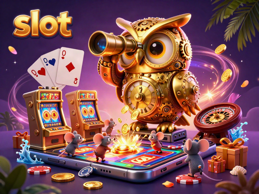 Spin slot reels and win coins in this vibrant casino illustration featuring an owl and mice.