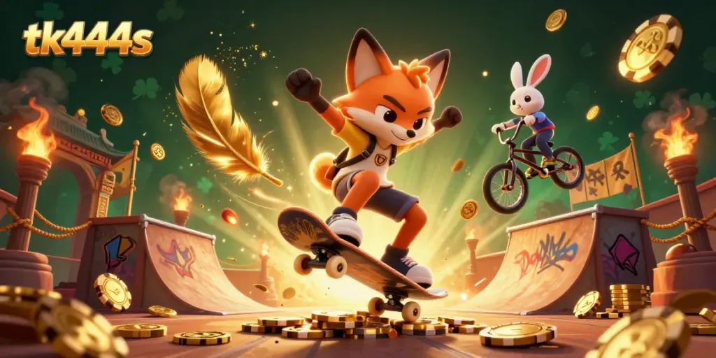 Experience the excitement of tk444s while watching a skateboard fox and BMX rabbit in a dynamic casino-themed scene.