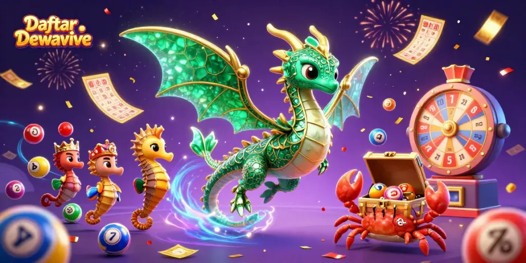 Experience excitement with Daftar Dewalive's vibrant lottery scene including colorful balls and festive elements.
