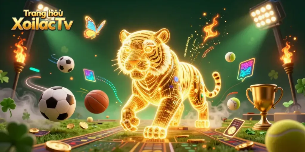 Engage with the excitement of Trang chủ XoilacTv featuring a dynamic 3D illustration of a neon golden tiger amidst vibrant sports elements.