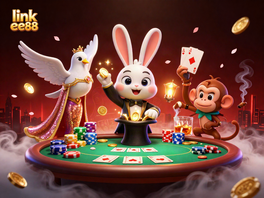 Engage with link ee88 as the magician rabbit conjures coins amidst a vibrant casino scene.