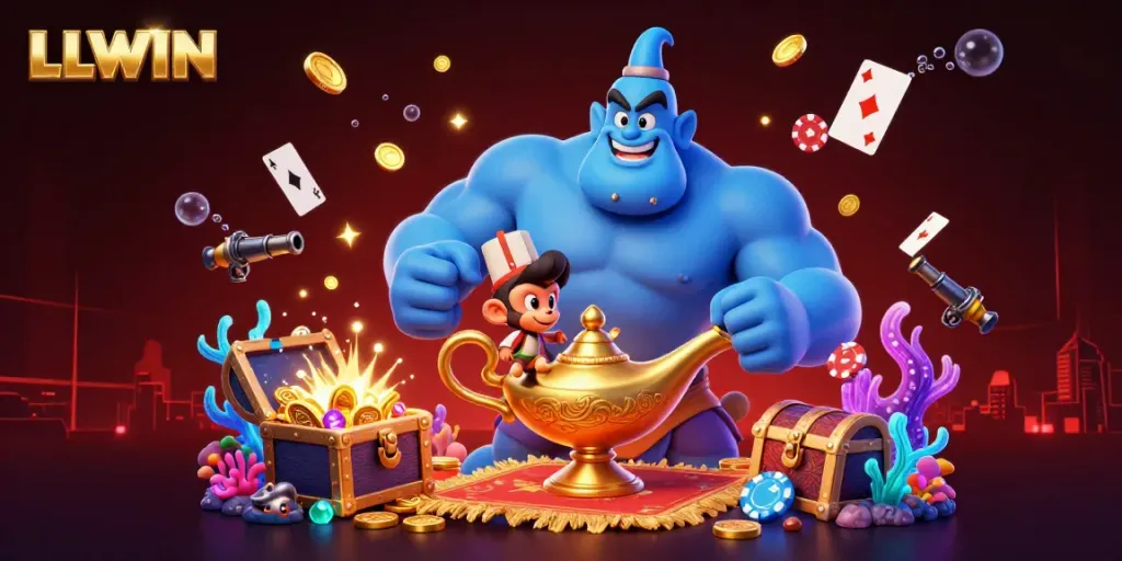 Join LLWIN's gaming adventure with magical characters, casino elements, and vibrant treasures.
