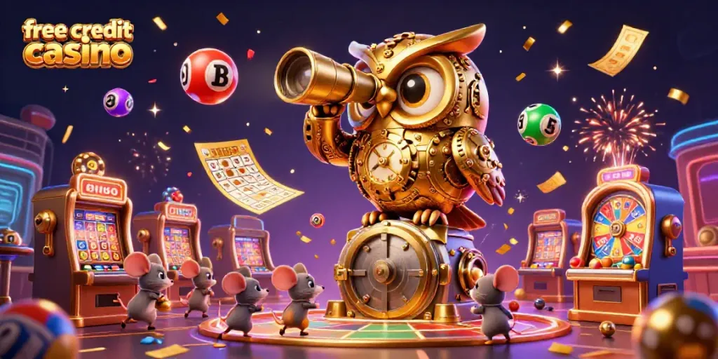 Engage with the exciting concept of a free credit casino featuring a golden owl and vibrant gaming elements.