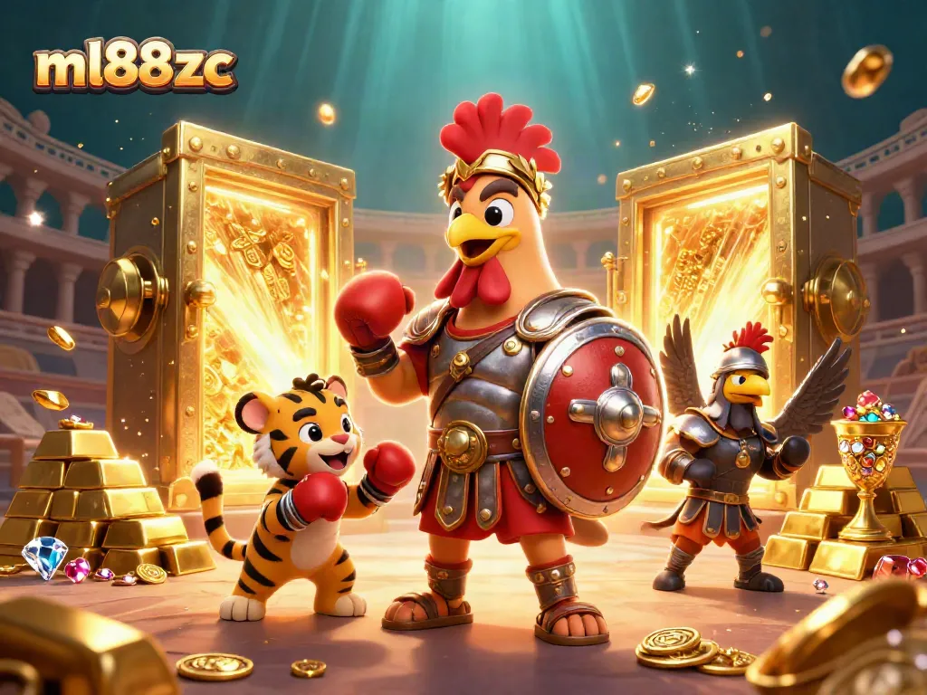 Engage with ml88zc in this vibrant casino scene featuring rich treasures and dynamic characters.