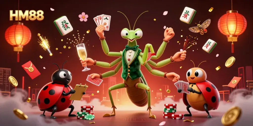 Engaging scene of HM88 promotion featuring a giant praying mantis card sharp and ladybug pit boss, exuding casino excitement.