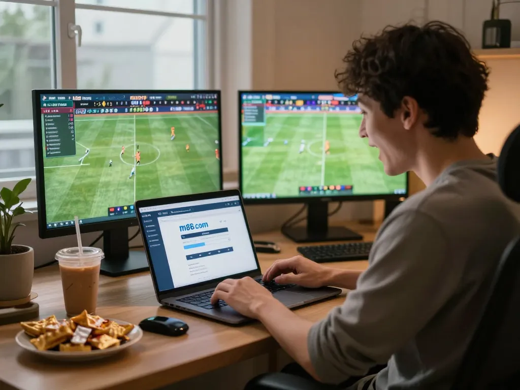M88.com login page for sports betting shown on a laptop, capturing focused excitement in a modern setup.