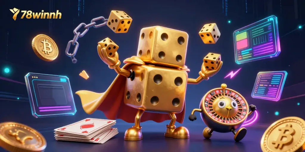 Engage with thrilling online gambling at 78winnh, showcased through vibrant golden dice characters.