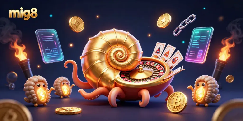 Experience exhilarating betting with mig8's immersive casino scene featuring a giant roulette nautilus and vibrant crypto elements.