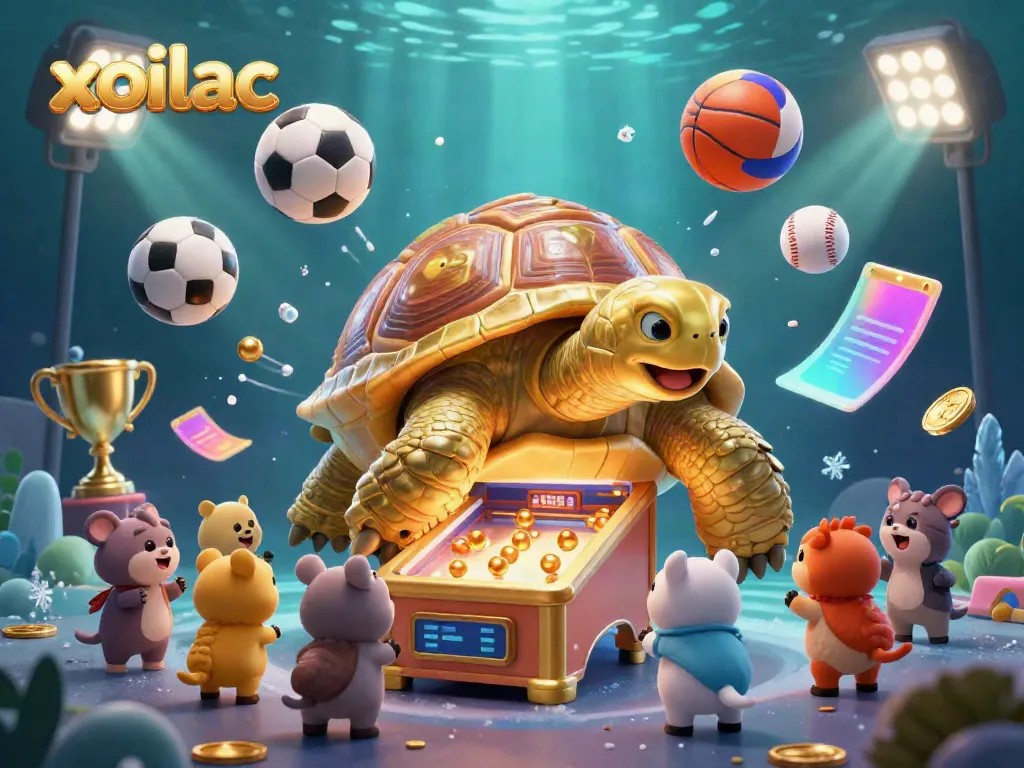 Xoilac brings excitement to the gambling scene with a dynamic illustration featuring a colossal tortoise pinball machine and energetic sports elements.
