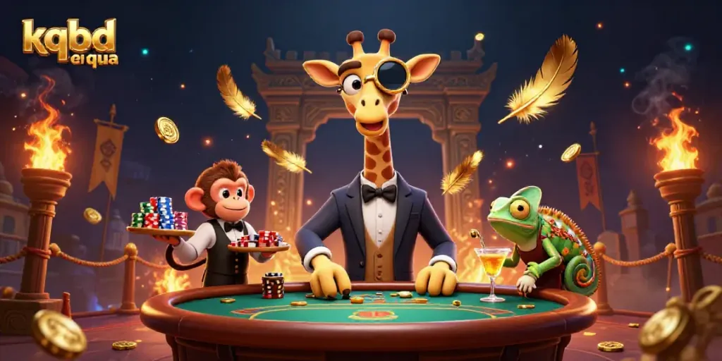 Experience kqbd dem qua with a high-roller giraffe at a vibrant casino scene, portraying winning spirit.