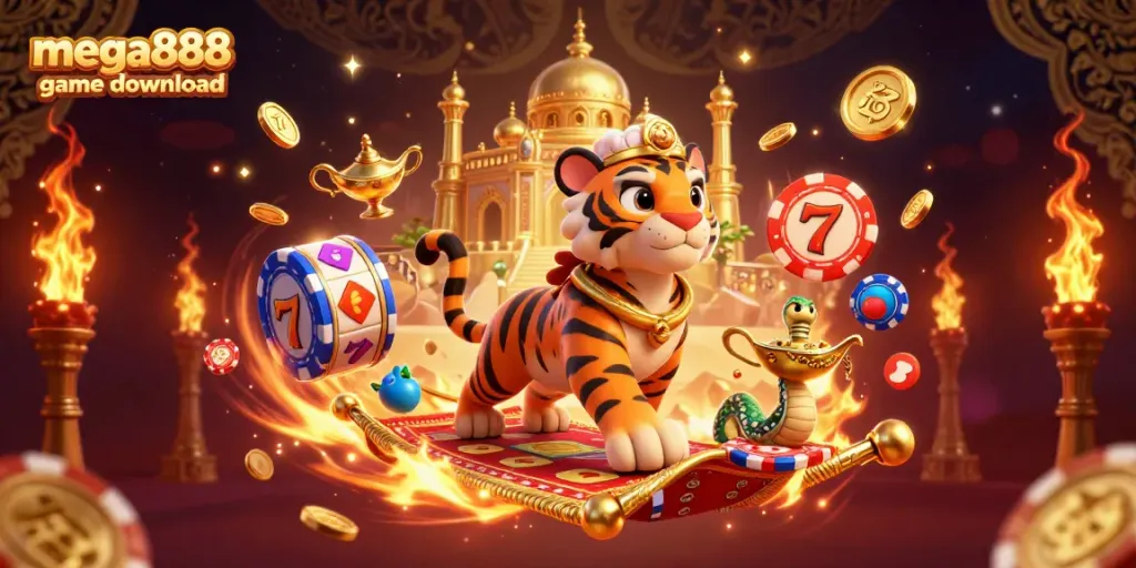 Engage with mega888 game download in this dynamic casino scene featuring a sultan and vibrant game elements.