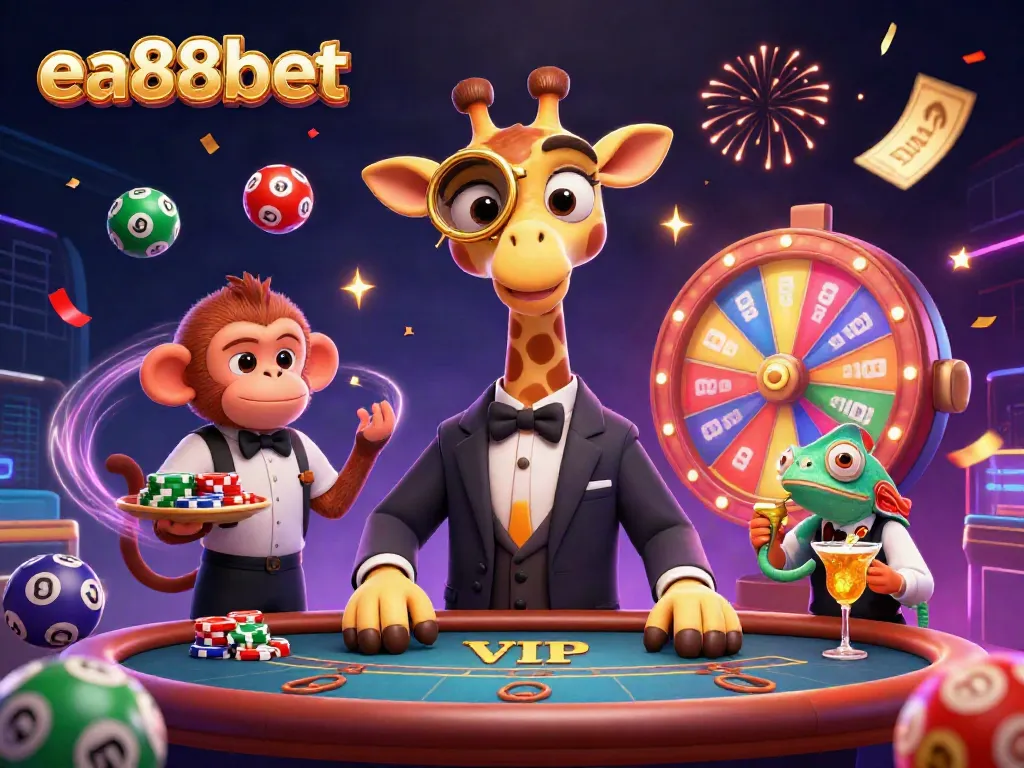 Immerse in ea88bet's vibrant gaming scene featuring a high-roller giraffe at a poker table with lively elements.