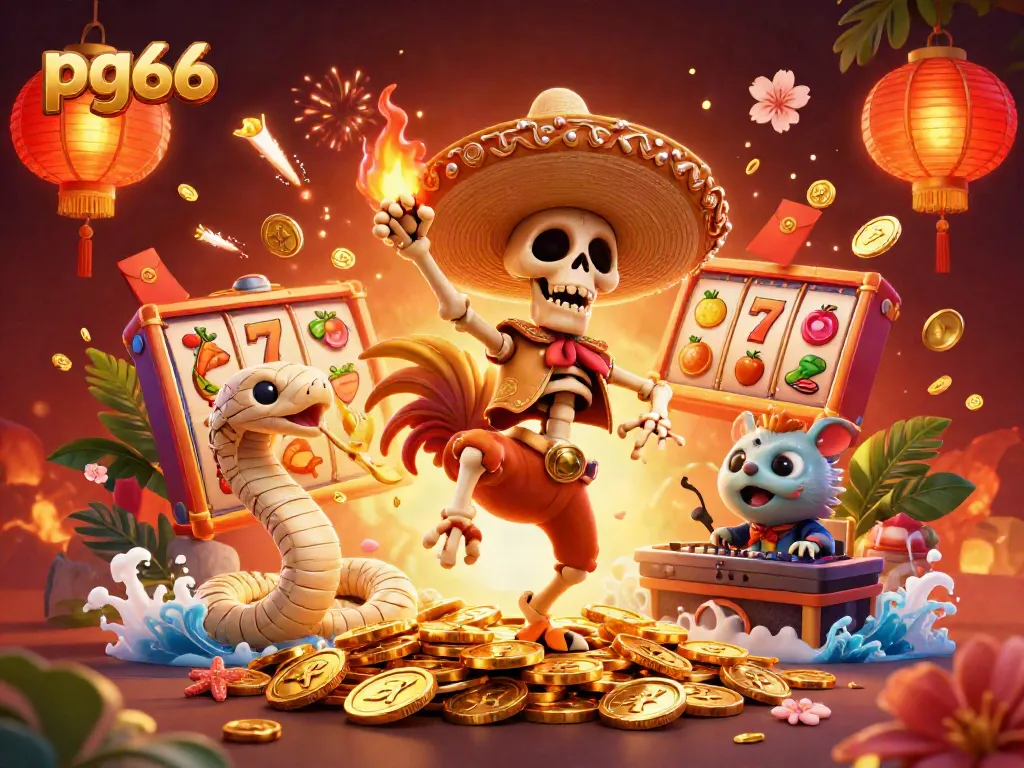 Engage with pg66's vibrant slots scene featuring dynamic characters and gold coins swirling around.