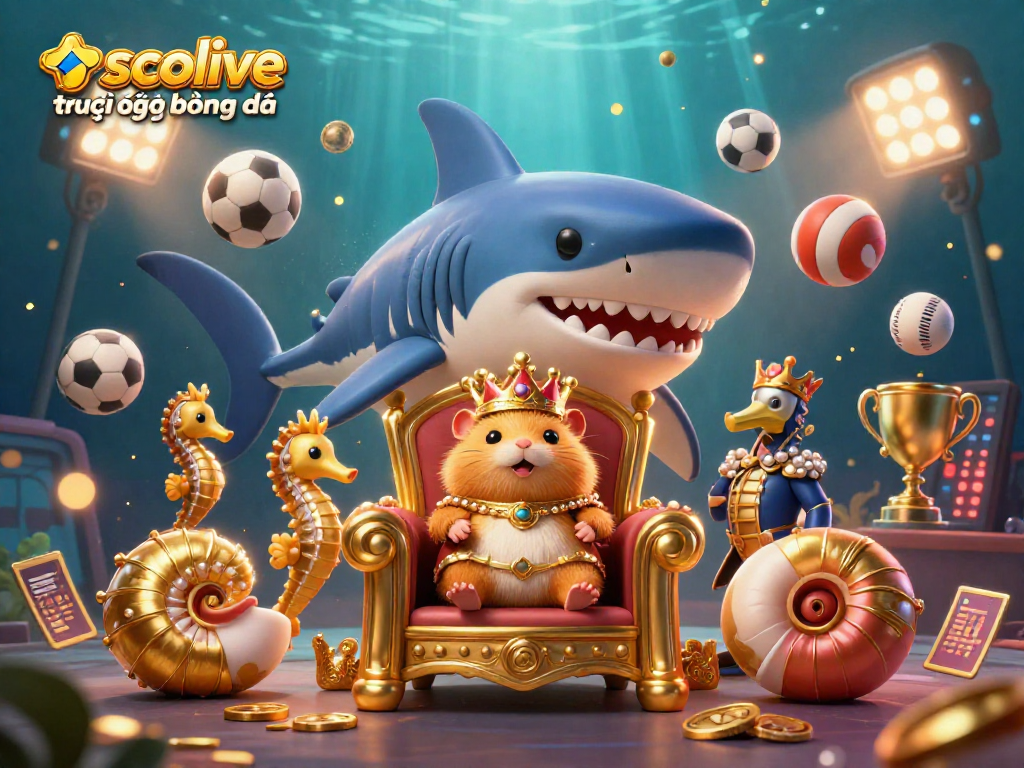 Socolive trực tiếp bóng đá showcases a golden hamster king with seahorse guards amidst action-packed sports elements.