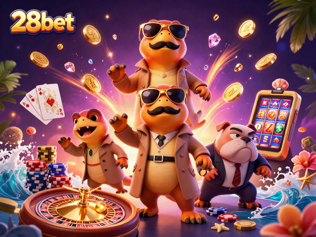 Experience thrilling gameplay with 28bet as 3D raptors strike a deal at a vibrant casino scene.