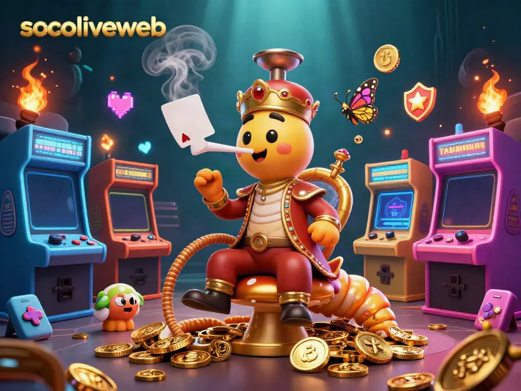 Socoliveweb brings players to life with a captivating 3D scene of a whimsical sultan caterpillar master amidst vibrant gaming elements and treasures.